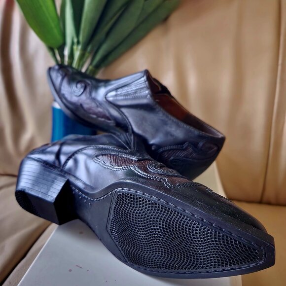 S57 Snazzy Texas style black loafer Snakeskin like brown detail elastic slip on - Picture 6 of 6